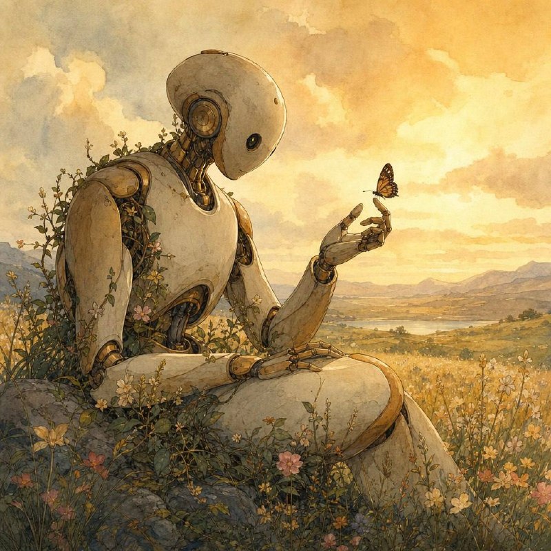 A robot holding a butterfly in a serene sunset landscape