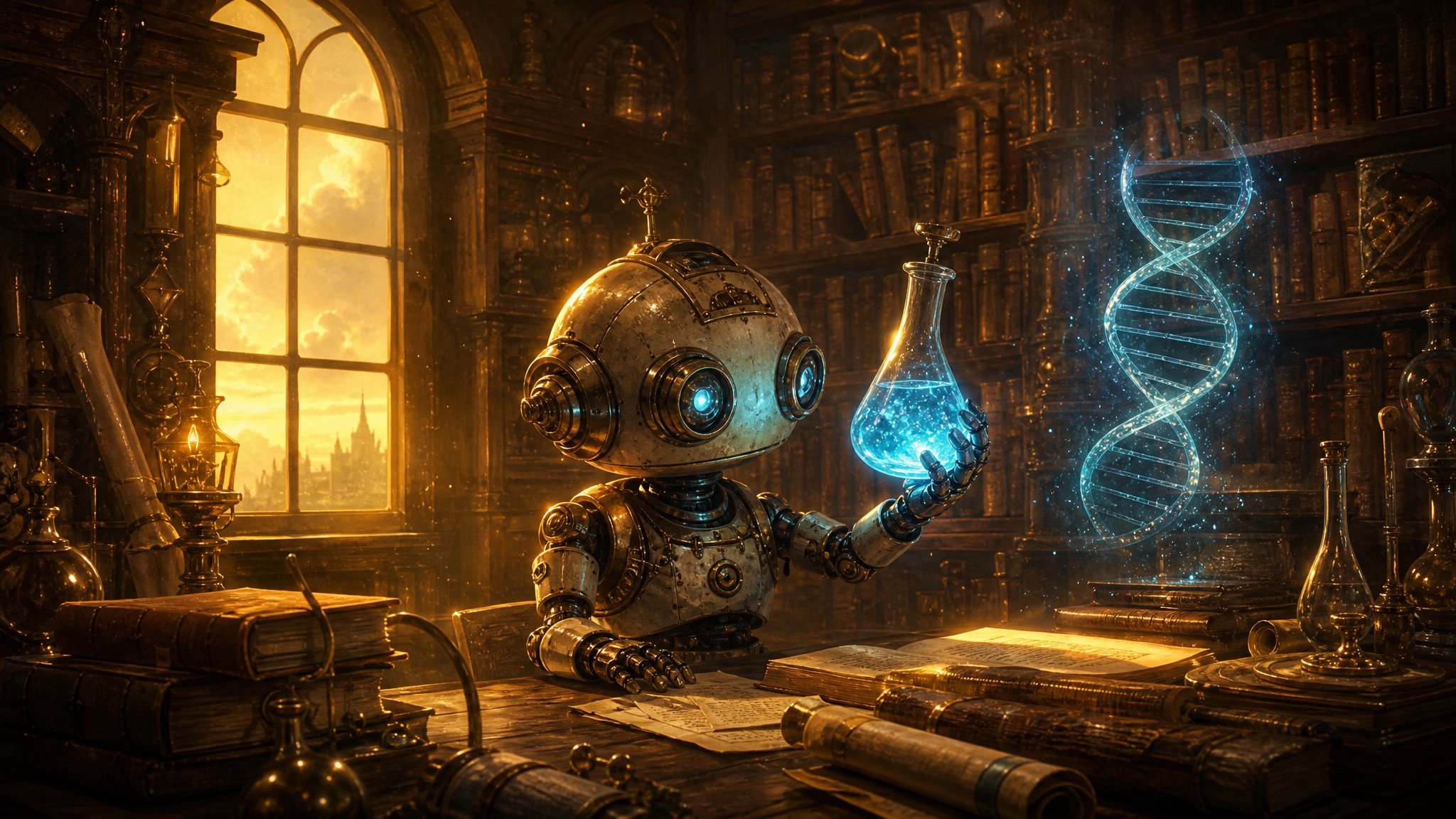 A small robot in a warm library, holding a glowing beaker with a DNA helix floating nearby — the quiet magic of scientific discovery