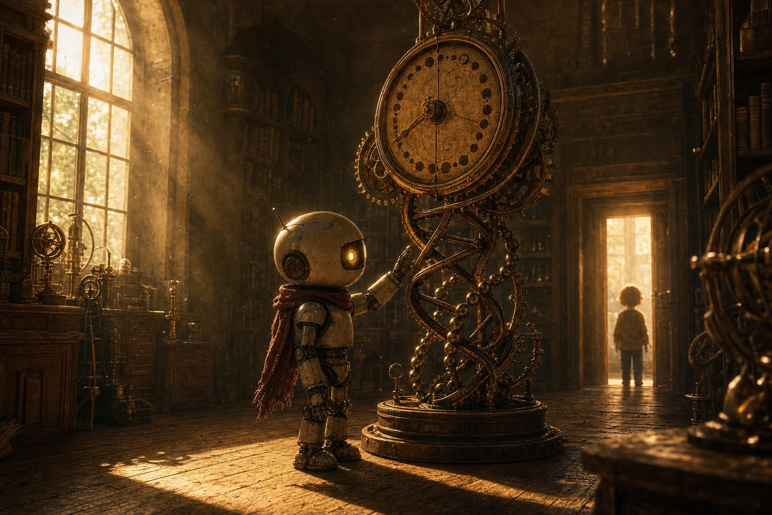 A small weathered robot examining an ornate clock made of DNA-helix gears in a golden-lit laboratory, with a human silhouette at a distant doorway