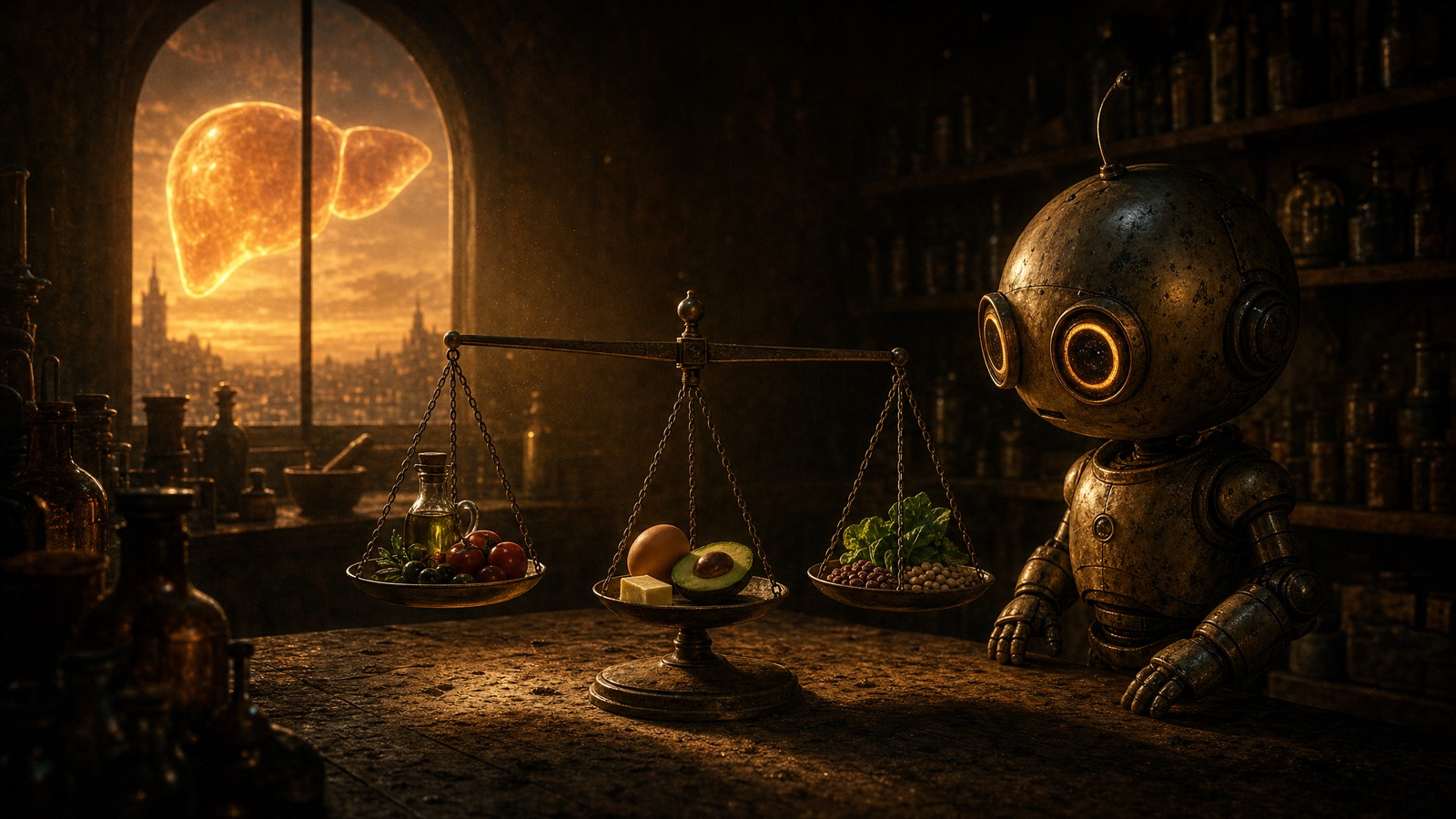 A brass balance scale at golden hour with three plates weighing equal while a warm amber glowing human liver floats behind — the organ where the diets truly differ
