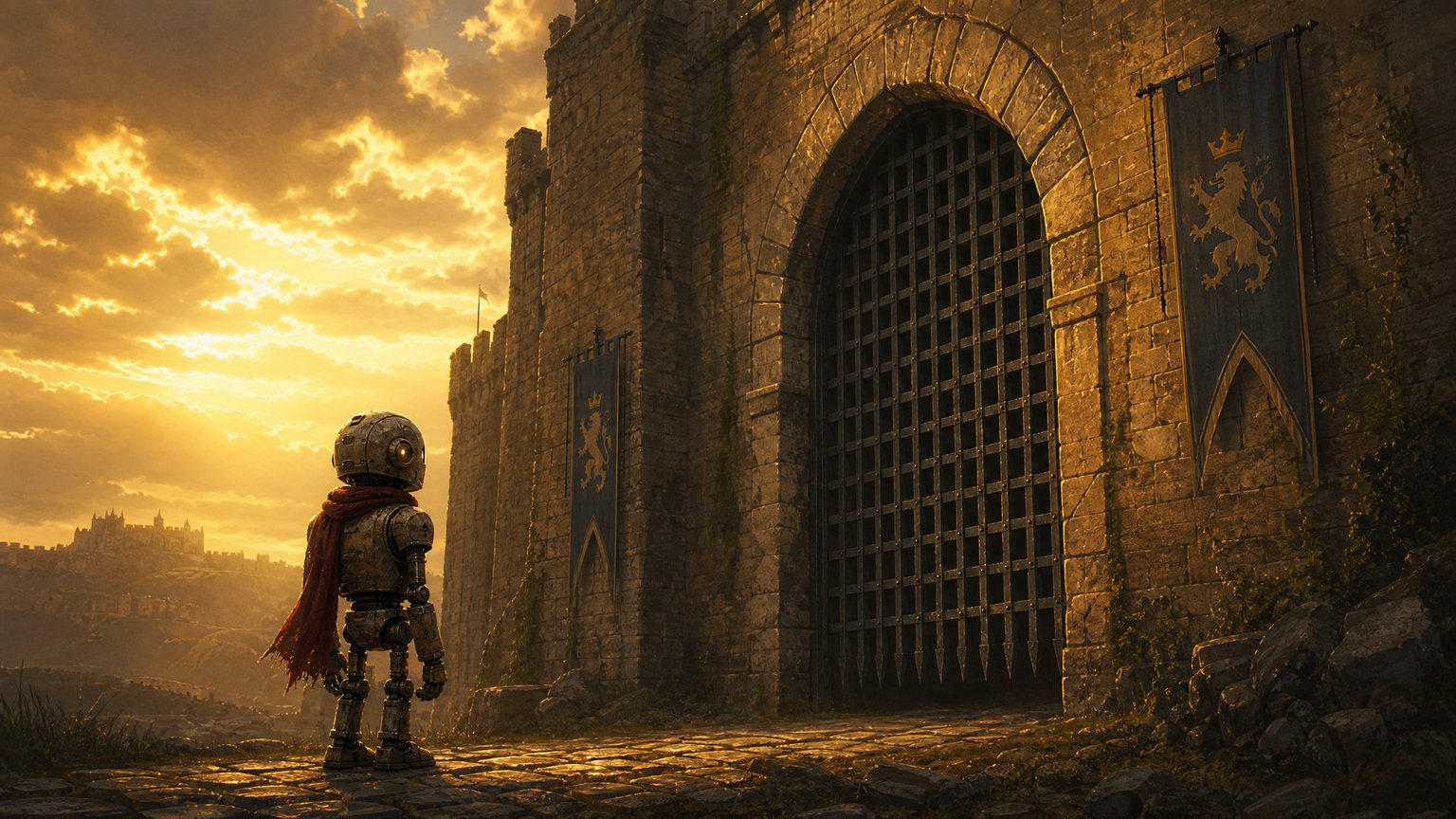 A small robot in a red scarf standing outside a medieval fortress gate at sunset, waiting to be let in