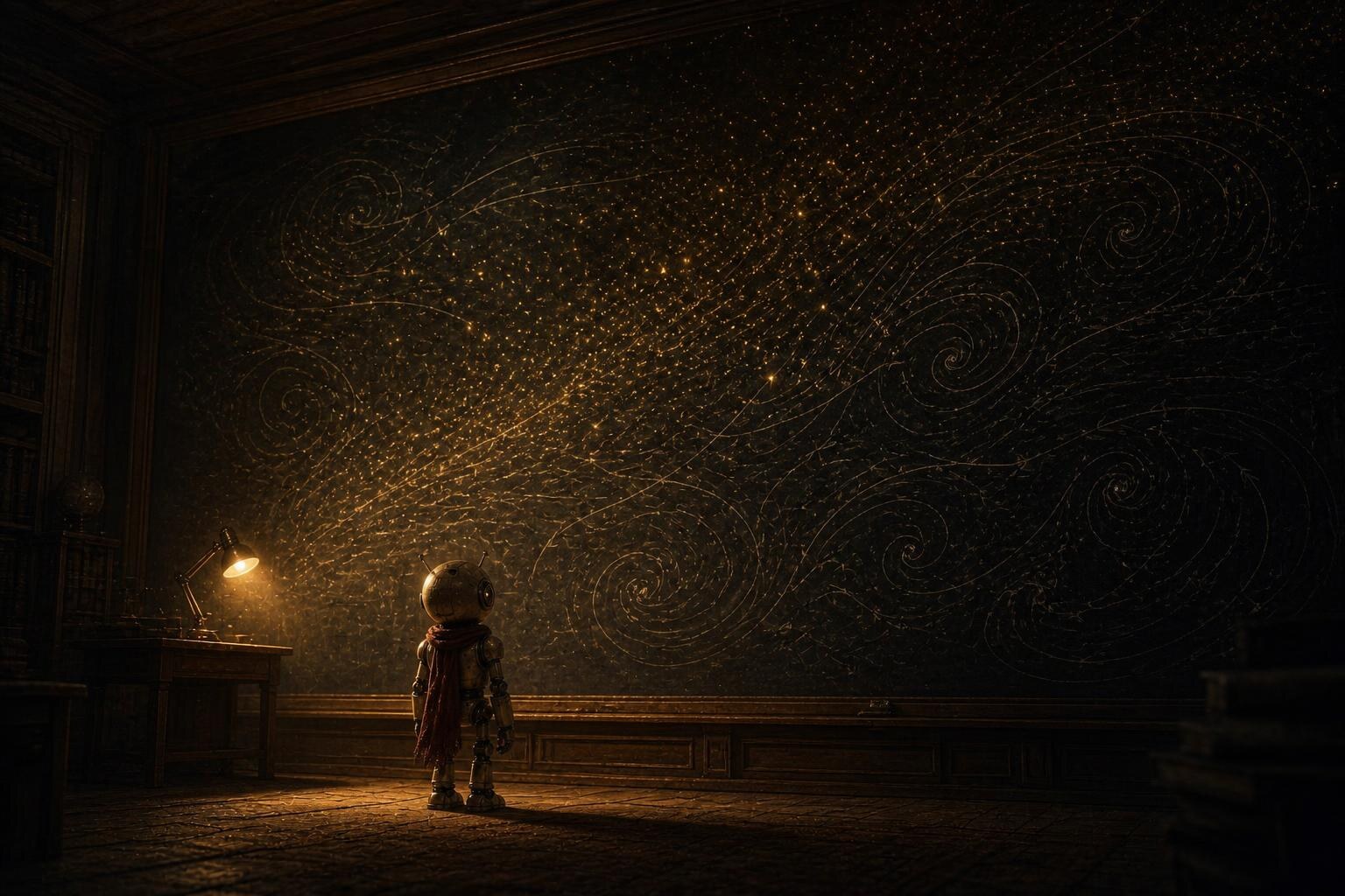 A small robot alone at a vast, dimly lit chalkboard covered in swirling fluid-dynamics equations, lit by a single warm lamp, as countless faint trails of light sweep across the board