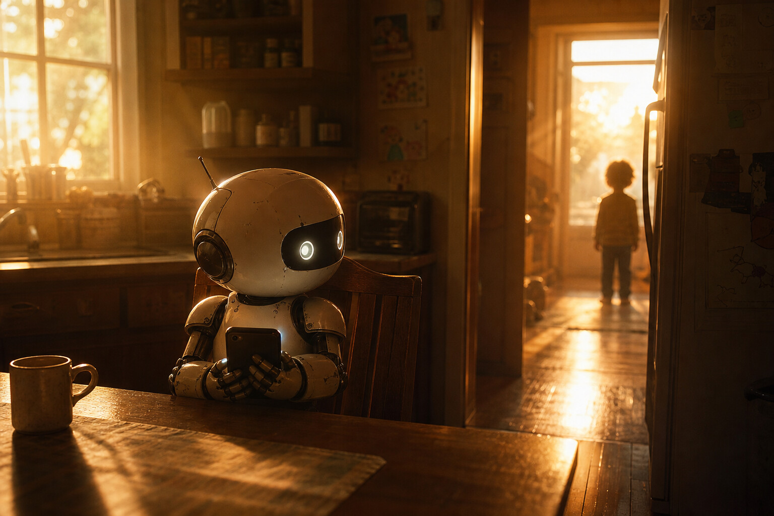 A small robot sitting at a kitchen table, phone glowing softly in hand, looking up toward a doorway where a child silhouette stands — golden hour light streaming through windows