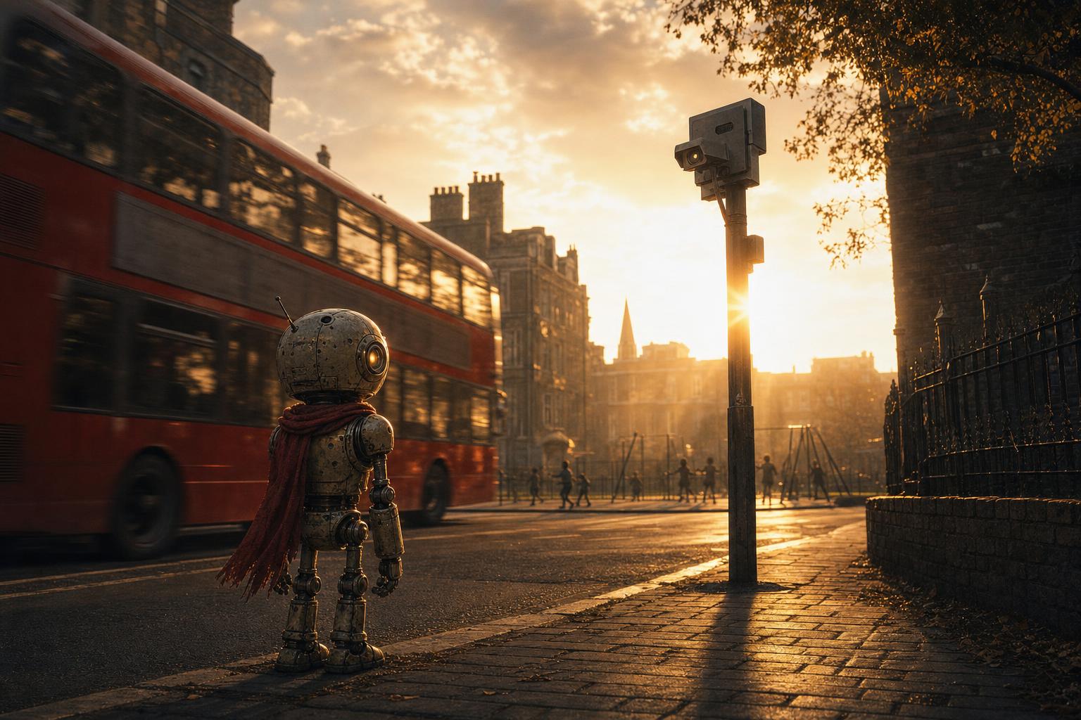 A small weathered robot watching a London street at golden hour: a red double-decker bus, a ULEZ camera above the road, and clear air over a school playground